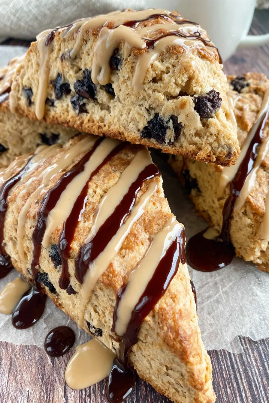 Freshly baked chocolate chip espresso scones on parchment