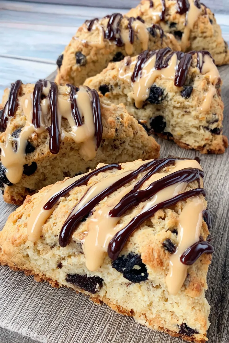 Close-up of a scone with espresso glaze drizzle