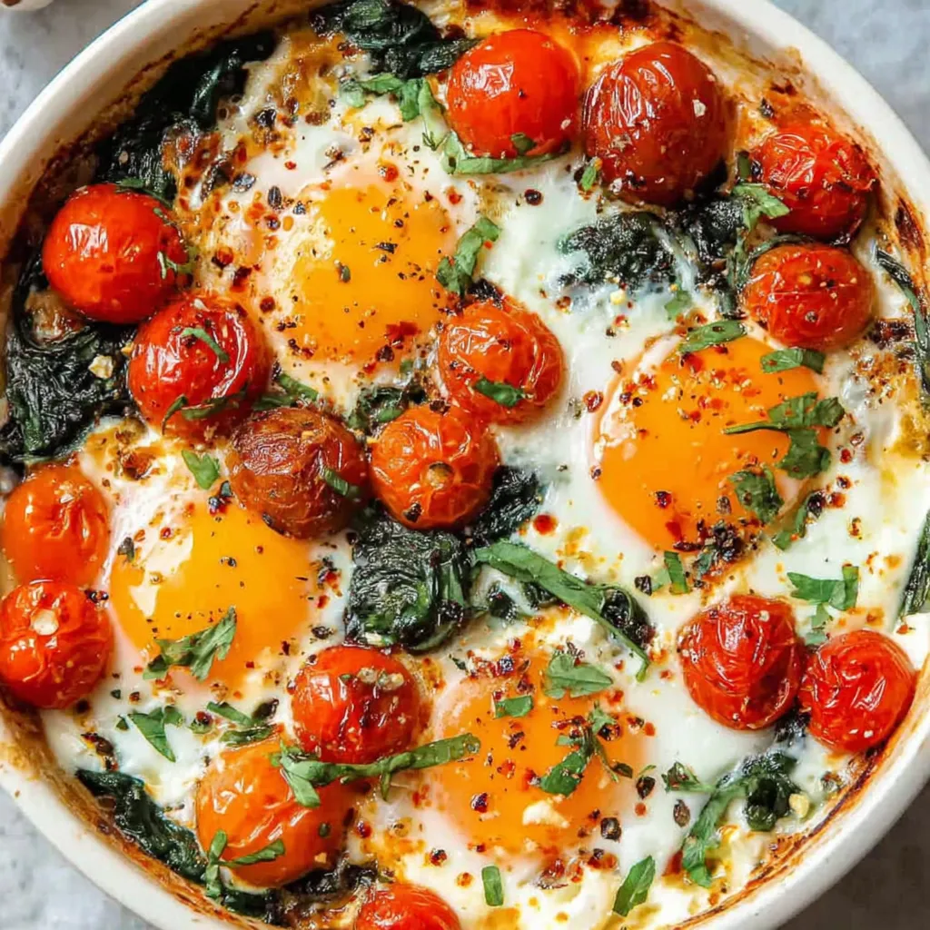 Baked Feta Eggs with Cherry Tomatoes and Spinach