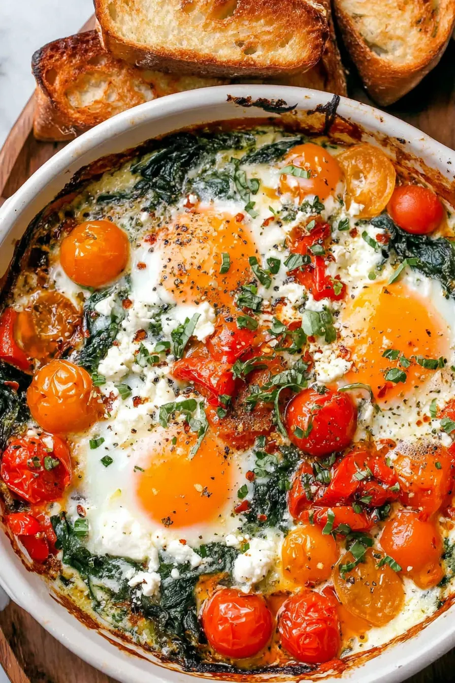 Baked feta and tomatoes in ramekins, eggs added and baking