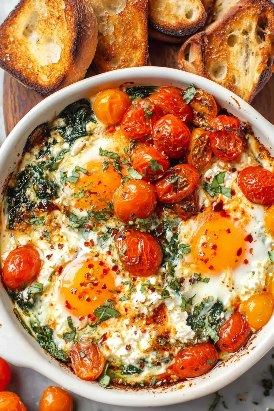 Close-up of finished baked feta eggs with herbs