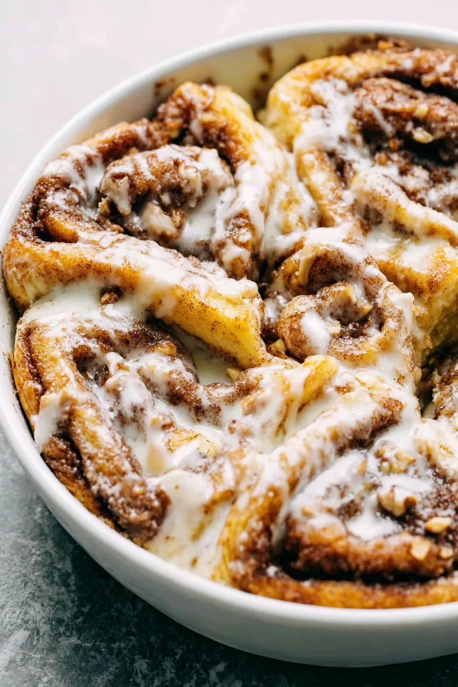 Close-up of glazed cinnamon swirl cake slice