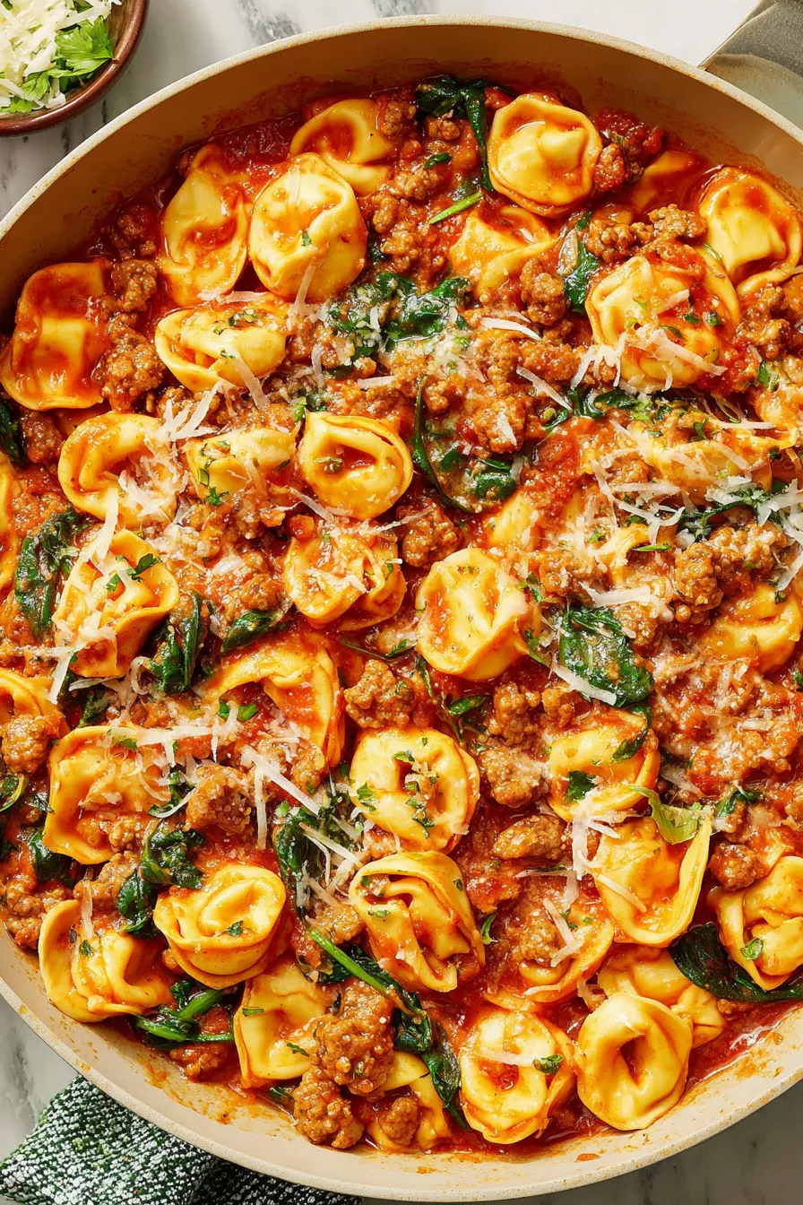 Skillet with cheese tortellini and sausage melting cheese