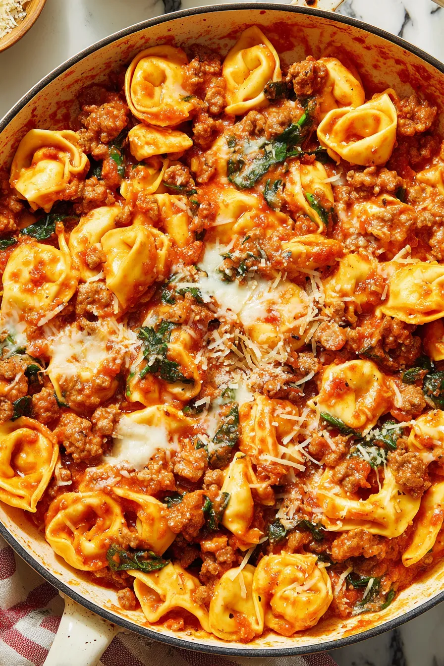 Close up of cheesy tortellini and sausage in skillet