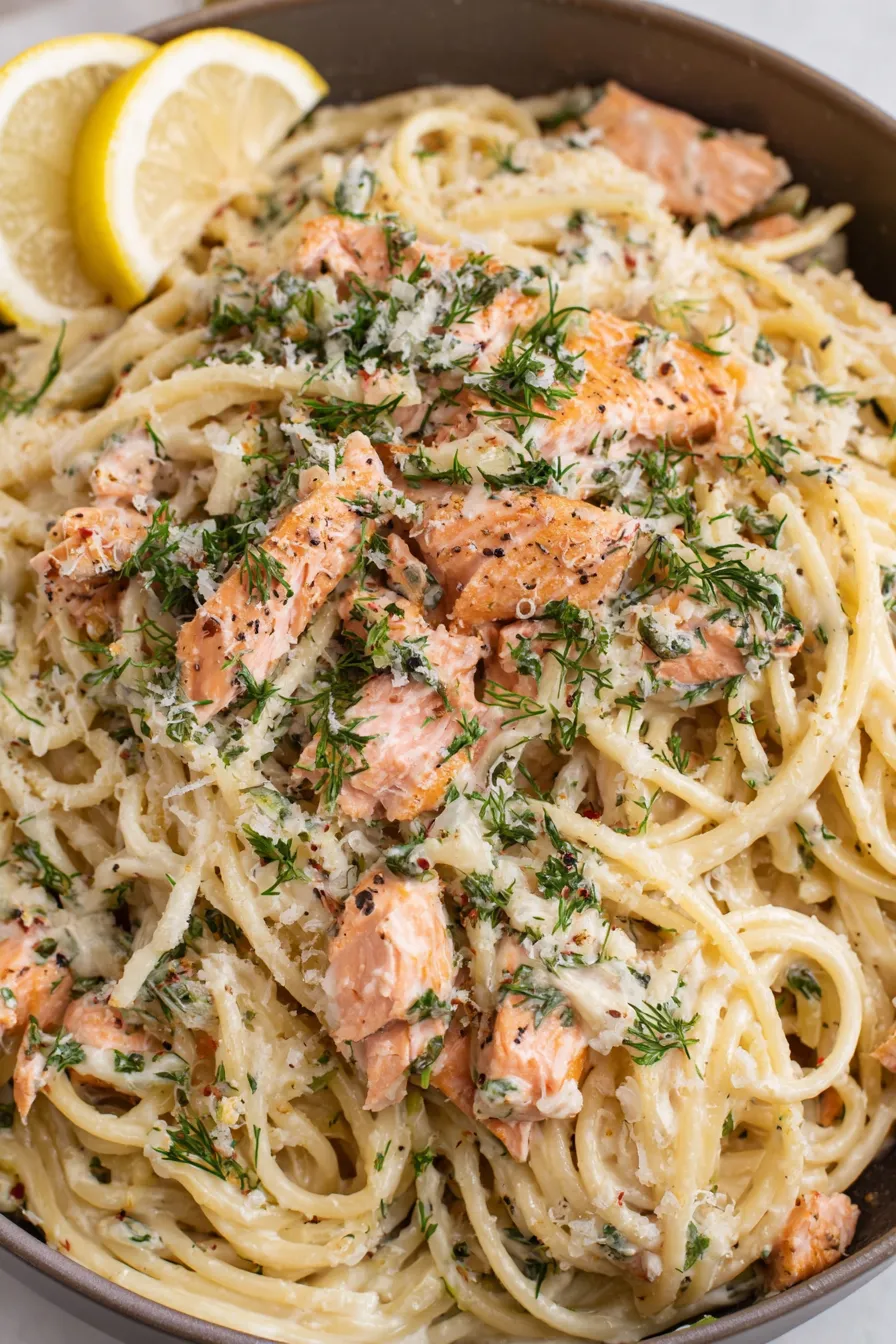 Seared salmon fillets in pan with dill and butter