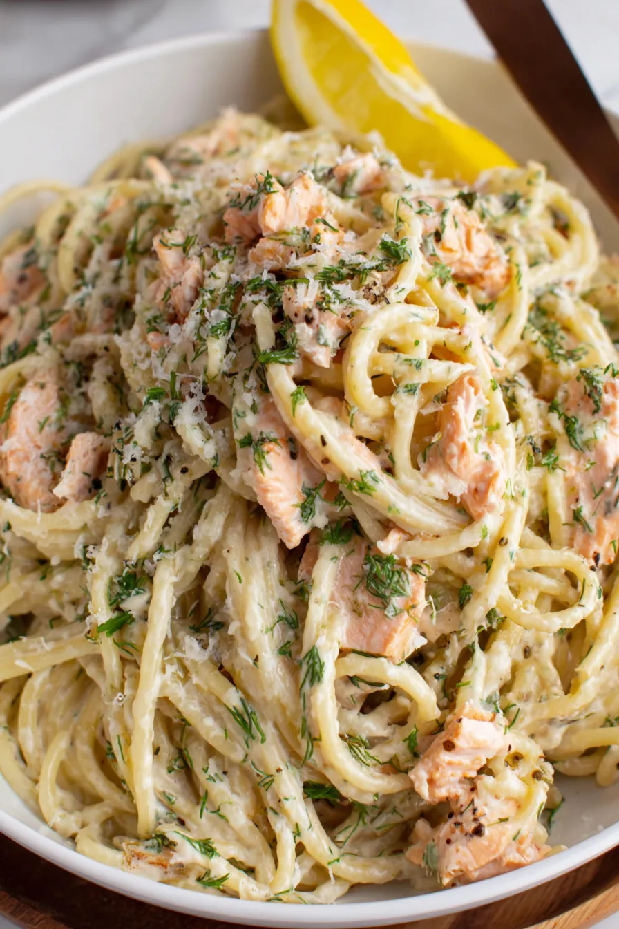 Creamy pasta with flaked salmon and herbs