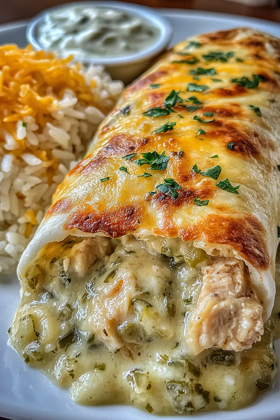 Open burrito showing smoked chicken, rice and green chiles