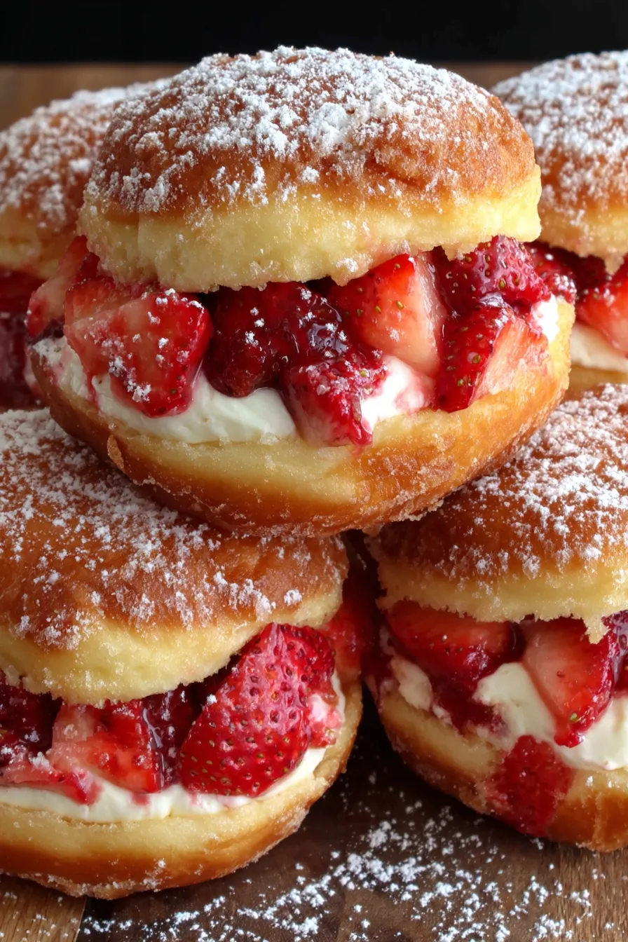 Close up of a cut open donut showing cheesecake filling and strawberry compote