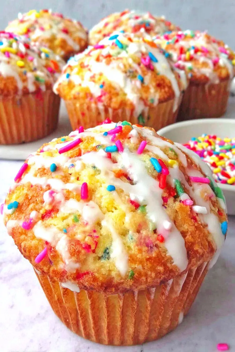 Tray of freshly baked funfetti muffins with glaze