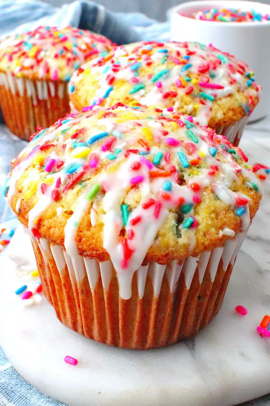 Close-up of glazed funfetti muffin
