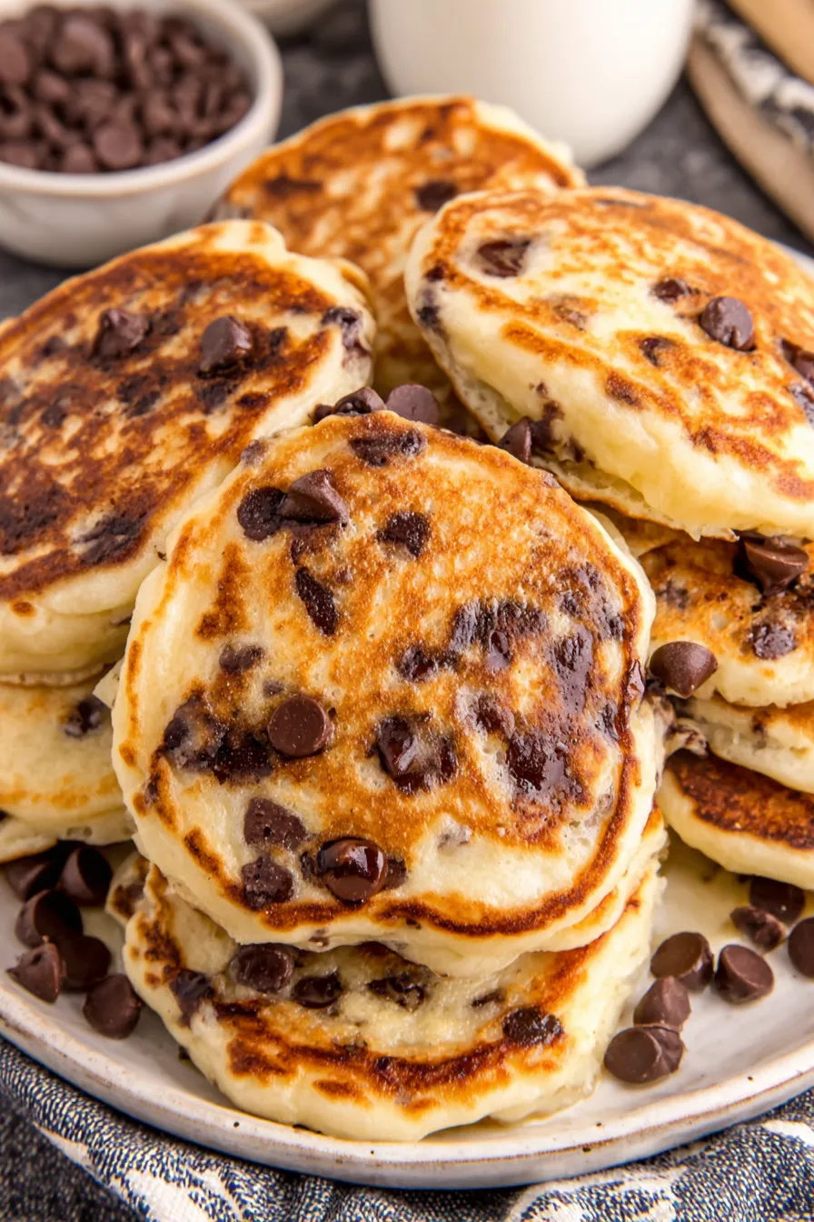 Stack of chocolate chip pancakes on a plate