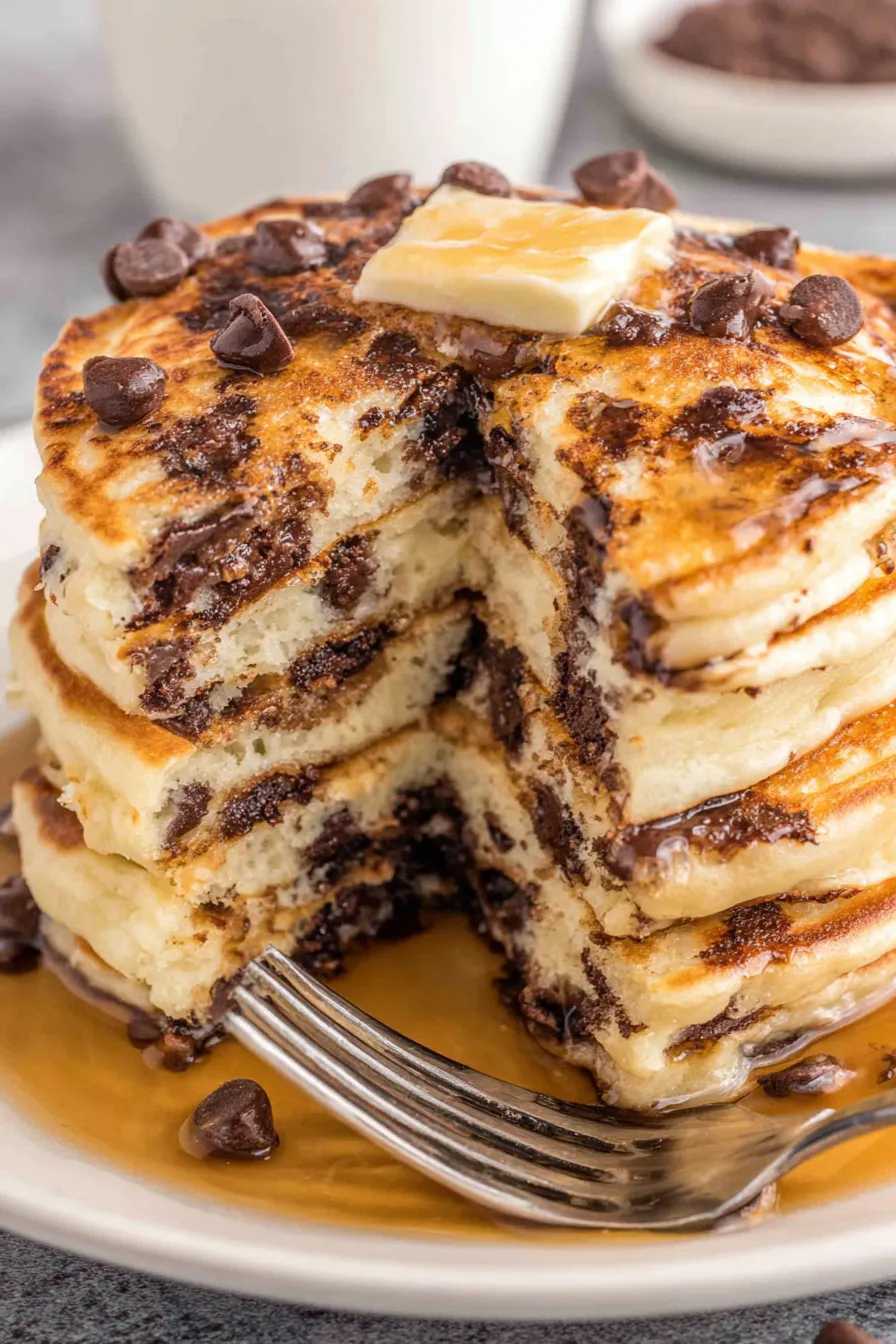 Skillet with pancakes cooking and chocolate chips visible