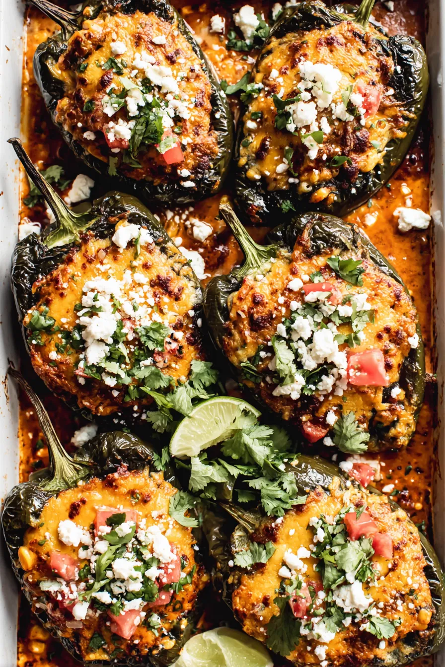 Broiled poblano peppers on a baking sheet