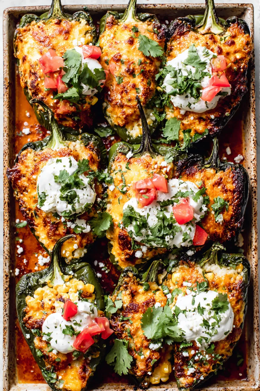 Baked stuffed poblano peppers served with cotija and cilantro