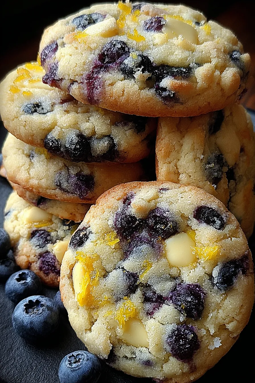 Close up of jam swirl and fresh blueberries in cookie dough