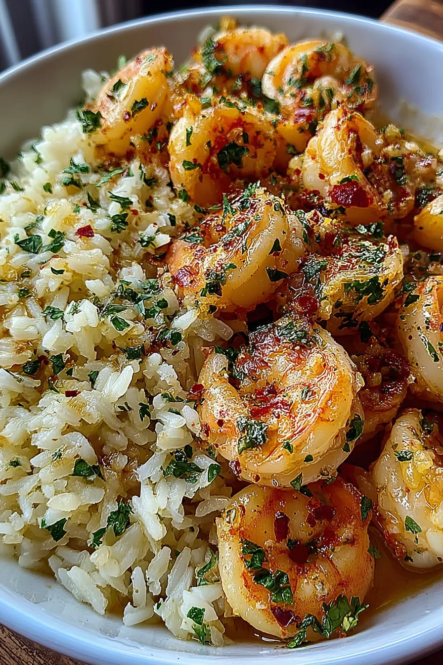 Close-up of garlic butter shrimp over rice