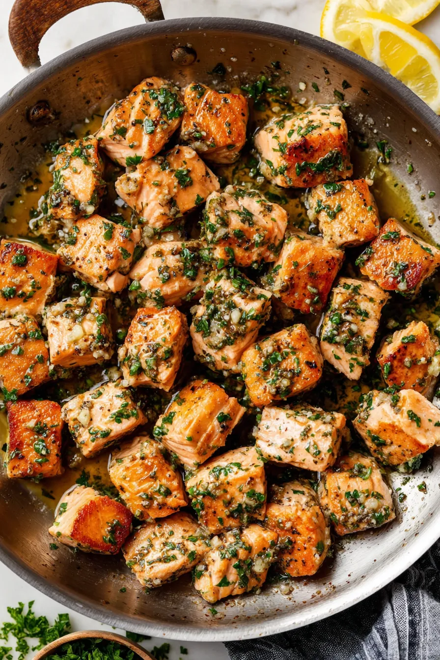 Seared garlic butter salmon bites in skillet