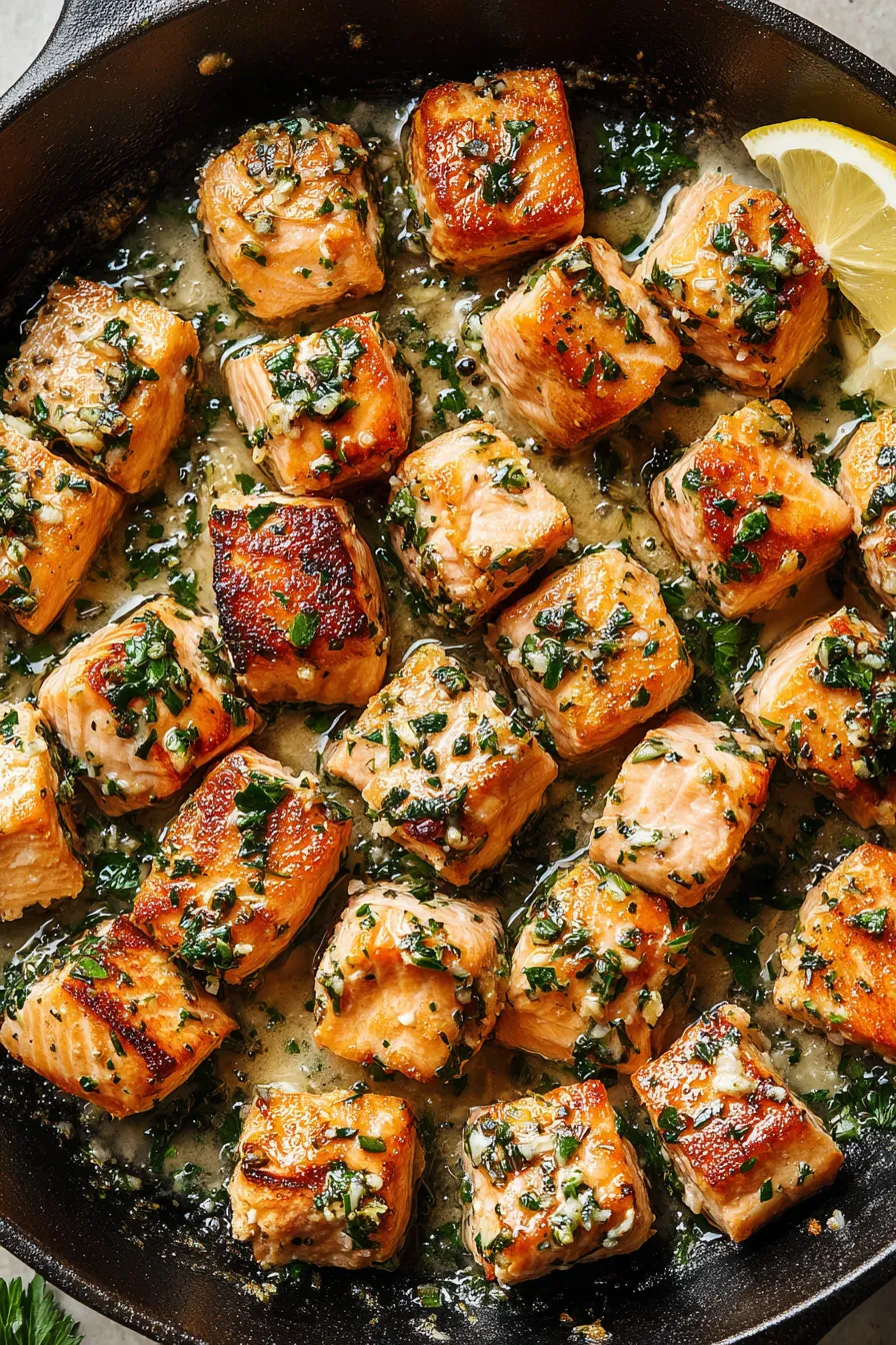 Plated garlic butter salmon bites garnished with parsley