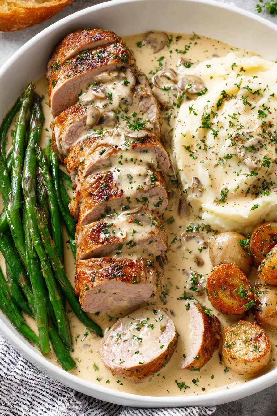Plated pork medallions with creamy sauce and garnish