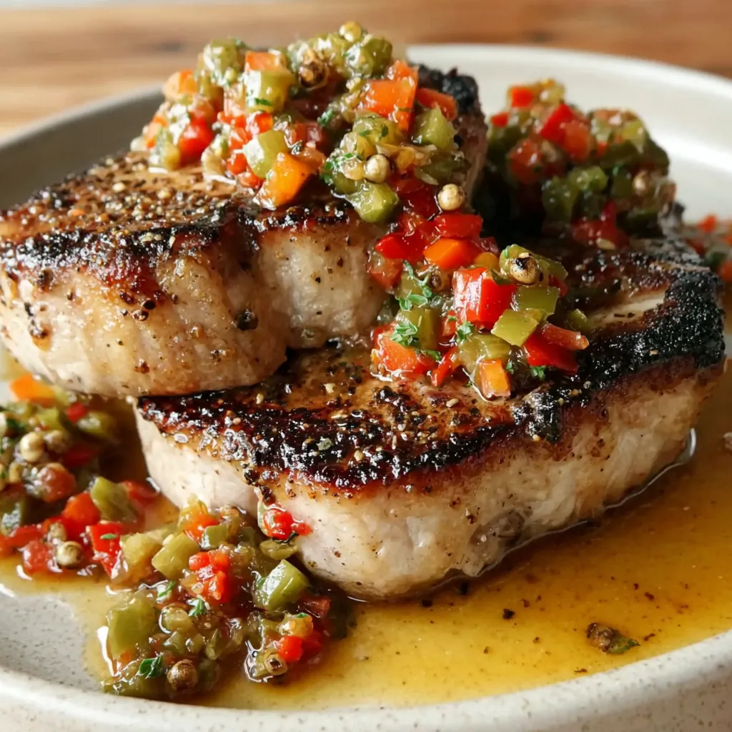 Peppercorn Pork Chops with Warm Pickled Pepper Relish