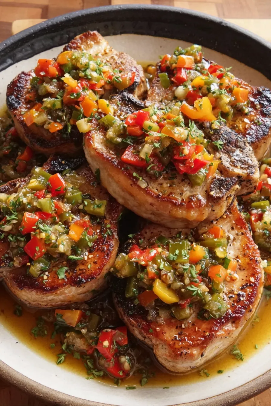 Peppercorn crusted pork chop with pickled pepper relish