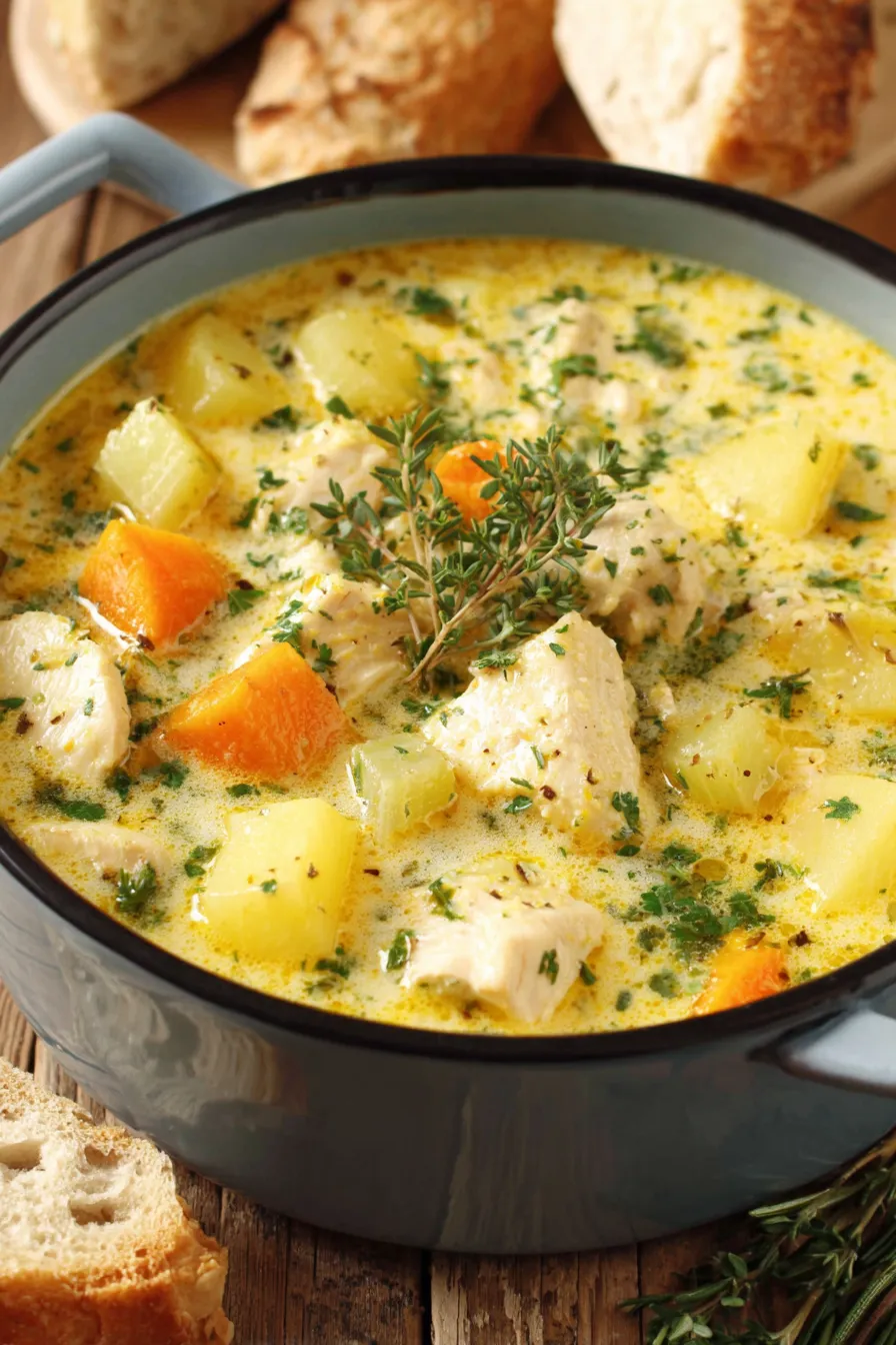 A steaming bowl of chicken and potato soup garnished with parsley