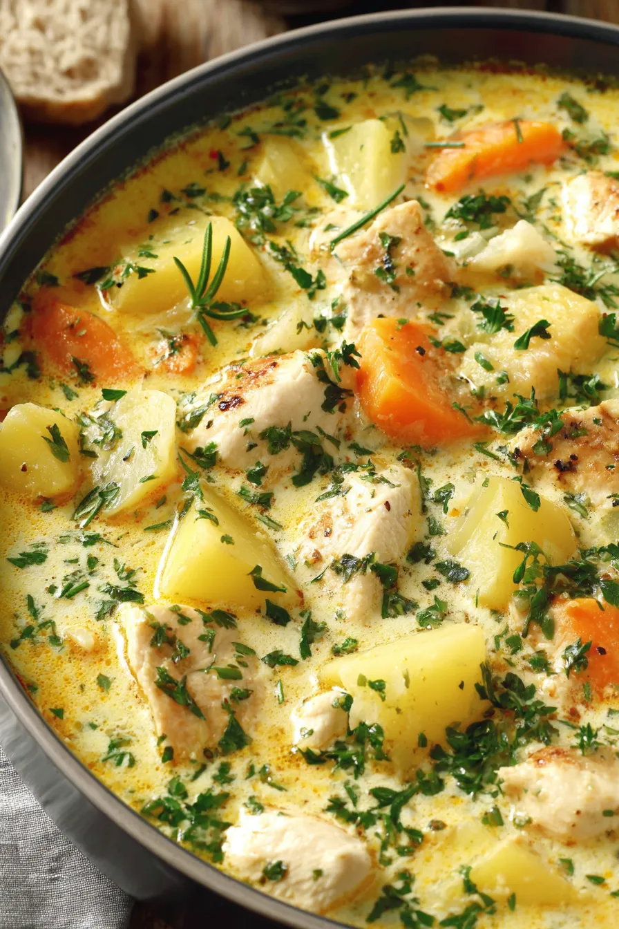 Ingredients laid out for chicken and potato soup on a wooden board
