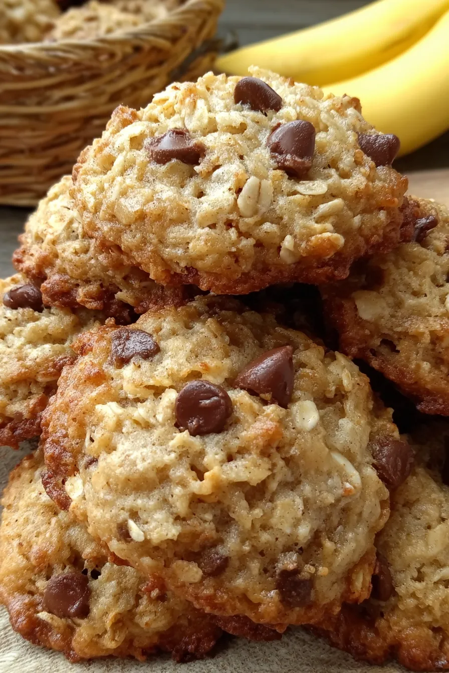 Close-up of a chewy banana oatmeal cookie with chocolate chips