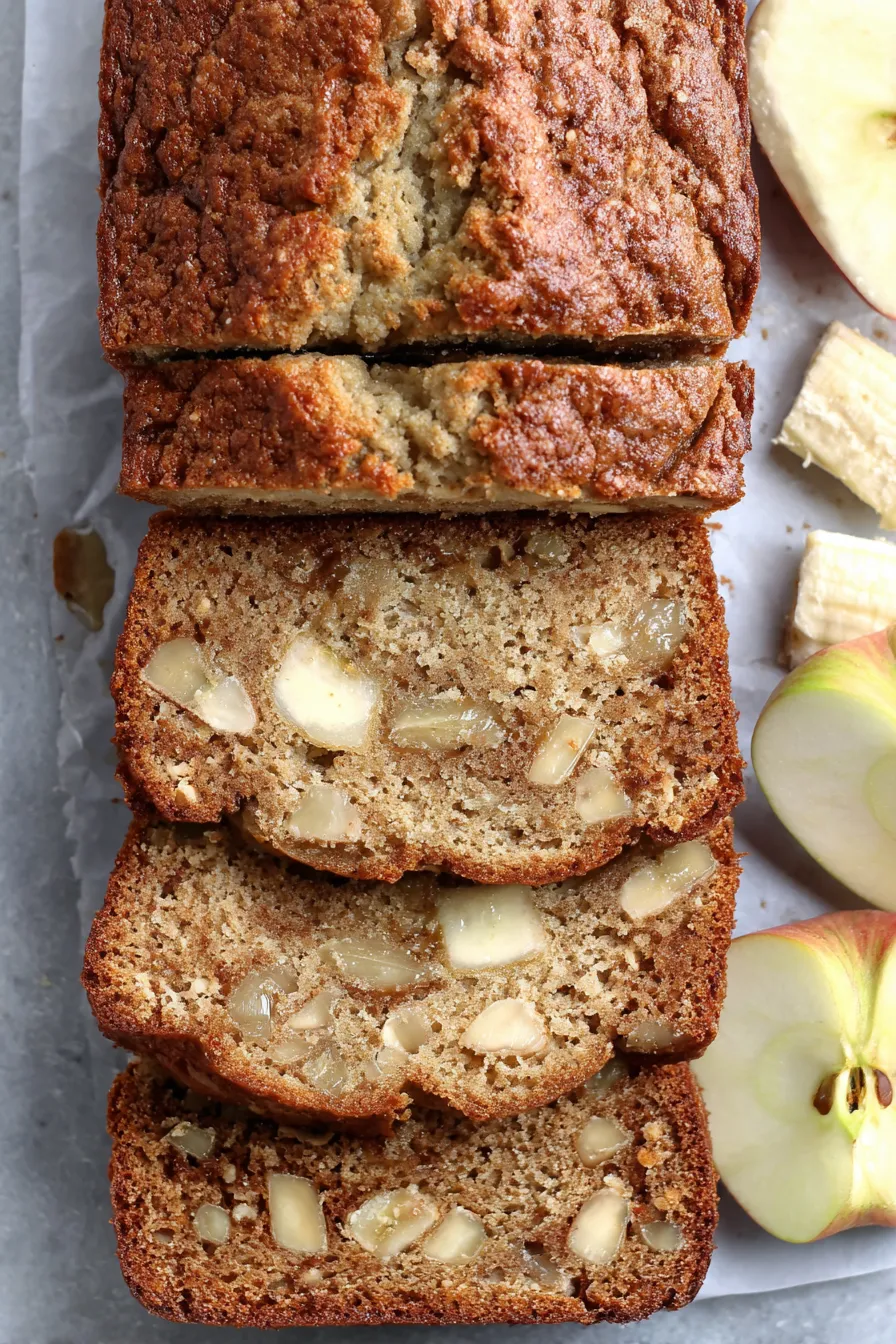 Sliced banana apple bread on a cutting board