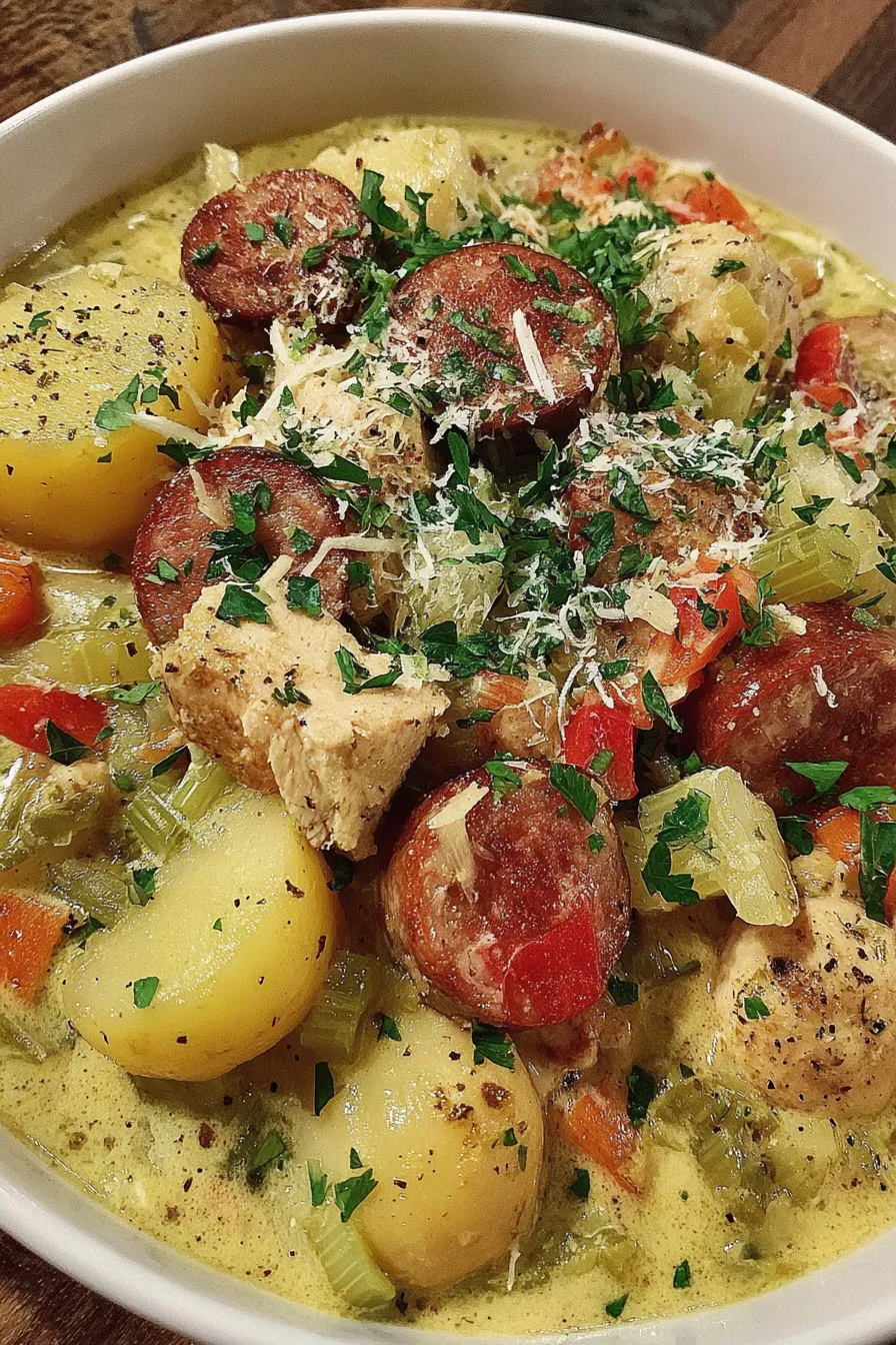 A ladleful of creamy chicken sausage stew in a bowl