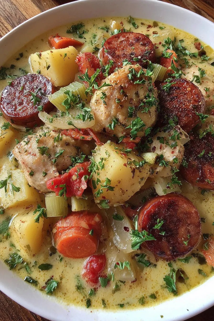 Slow cooker filled with creamy chicken and sausage stew
