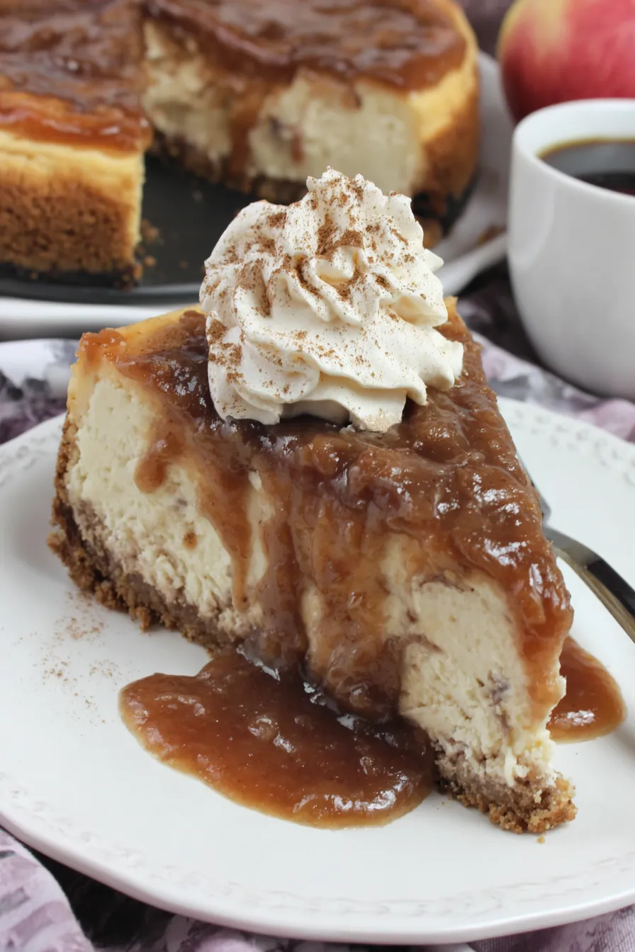 Slice of apple butter cheesecake with whipped cream