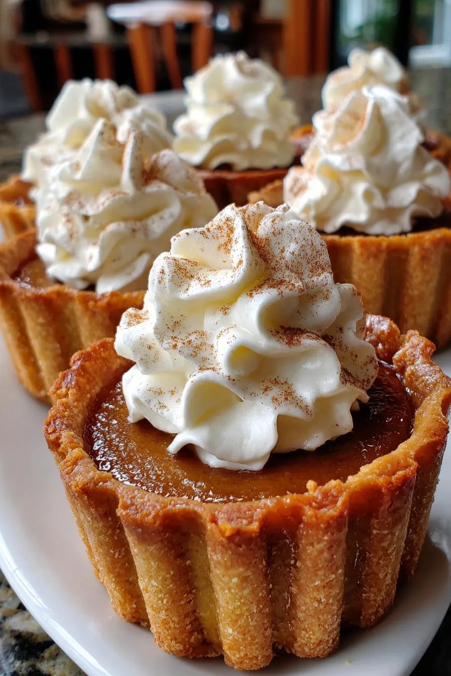 Close-up of a mini pumpkin tart with whipped cream