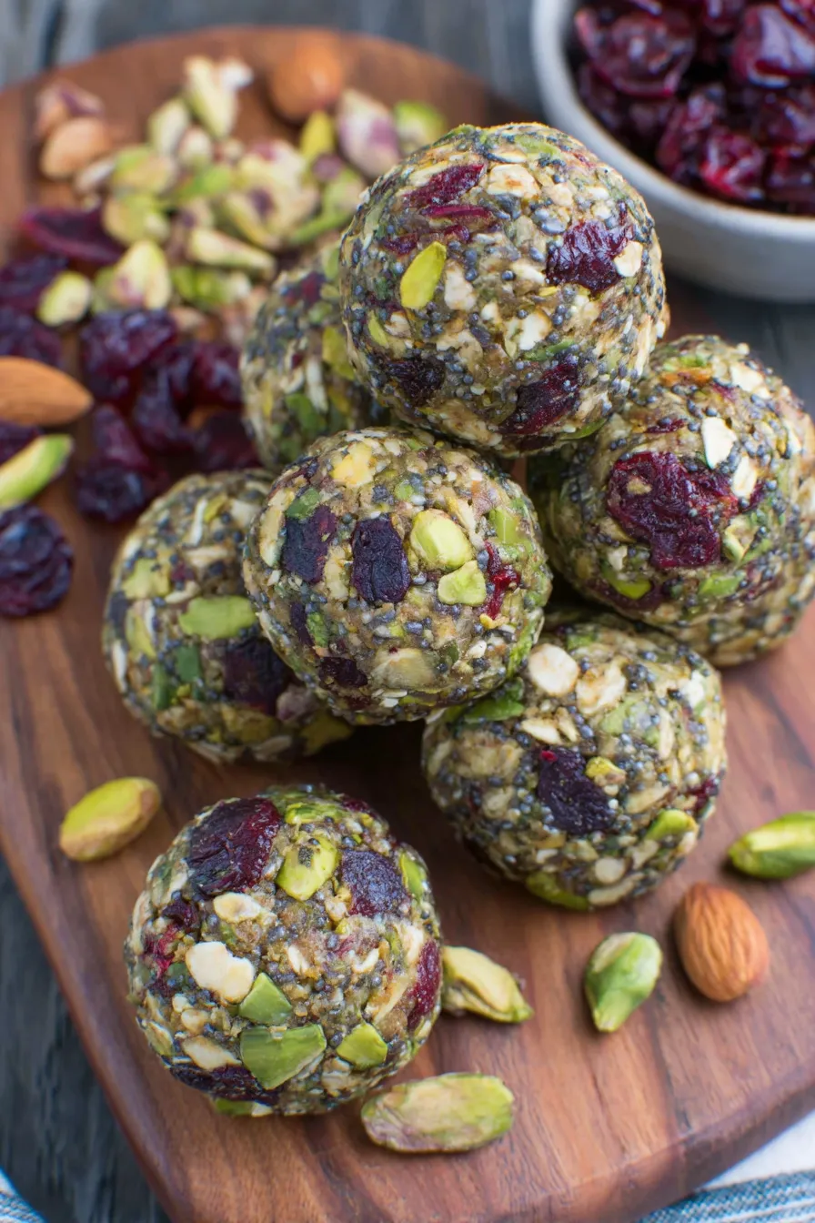 Bowl of ingredients: pistachios, cranberries, dates