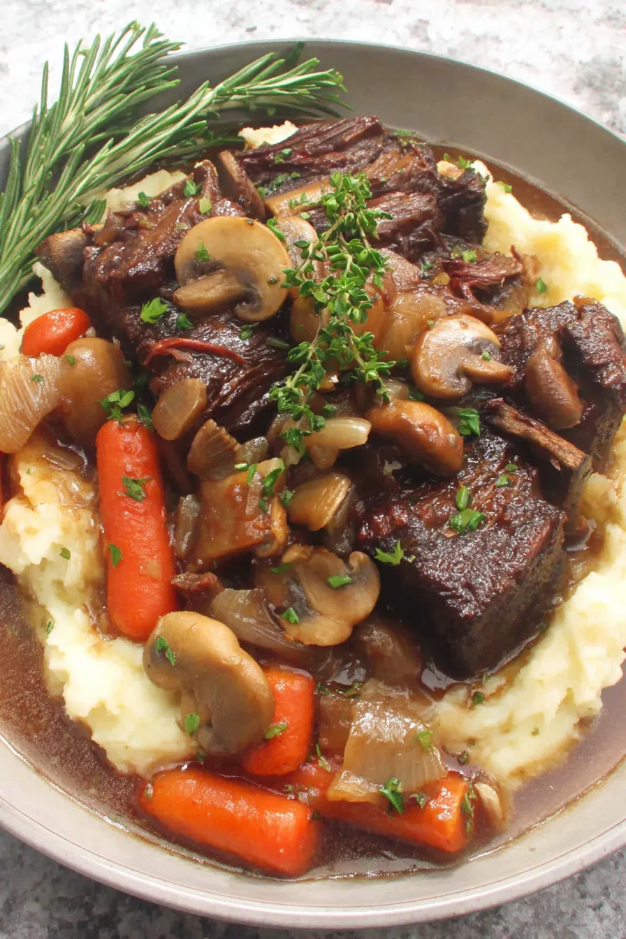 Short ribs braising in pot with herbs