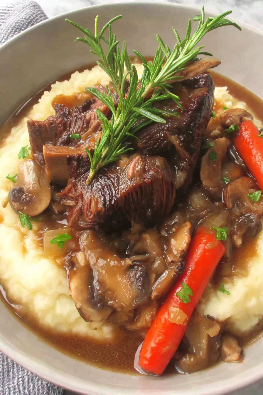 Plated short ribs with mushrooms over mashed potatoes