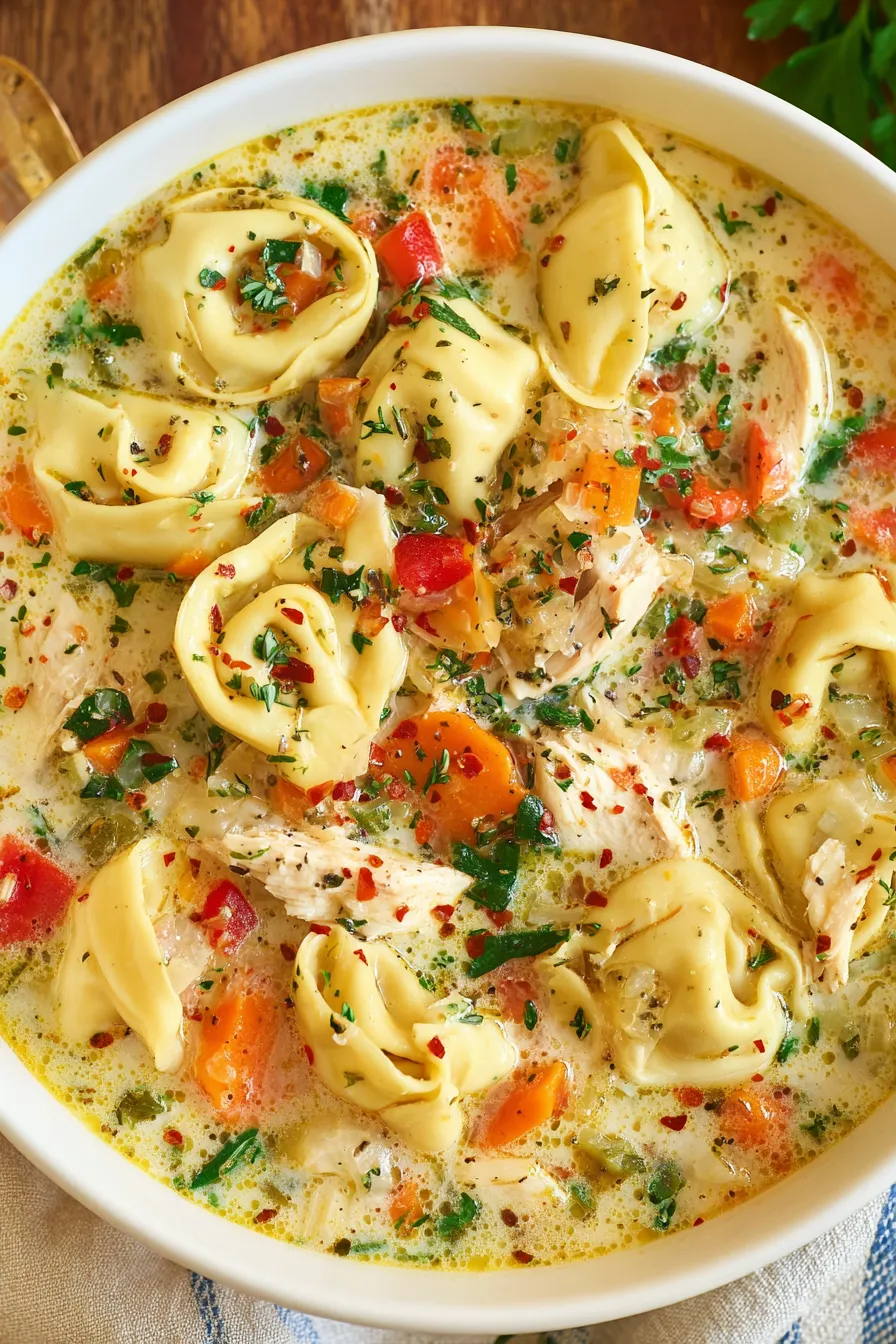 Bowl of creamy chicken tortellini soup garnished with parsley