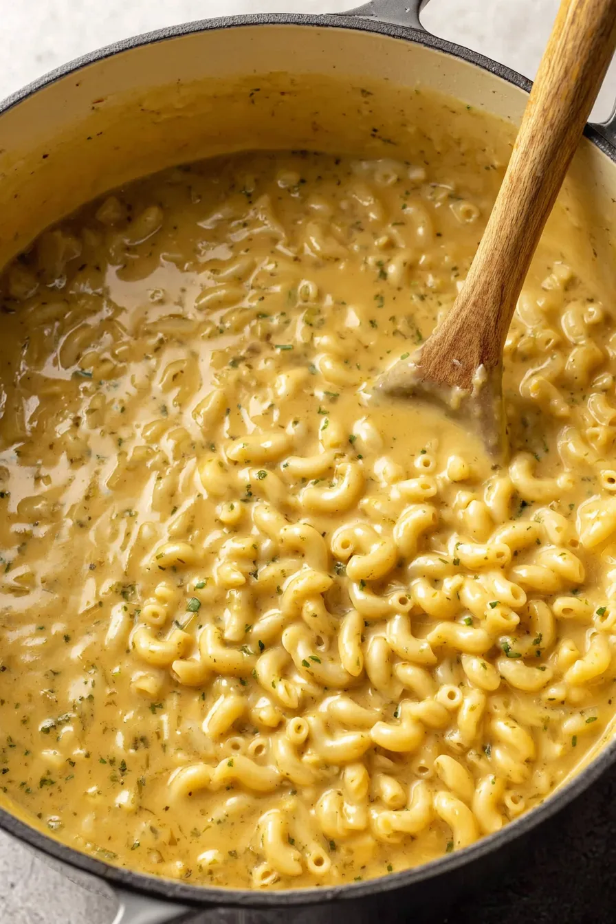 Bowl of creamy mac and cheese soup with shredded cheddar