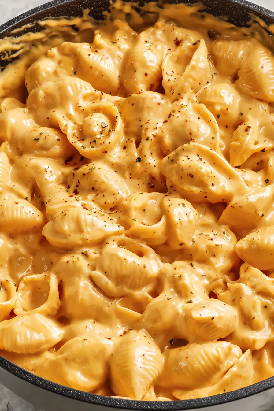 Bowl of creamy shells with garnish