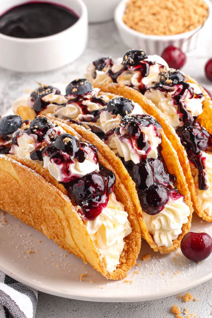 Close-up of a filled blueberry cheesecake taco