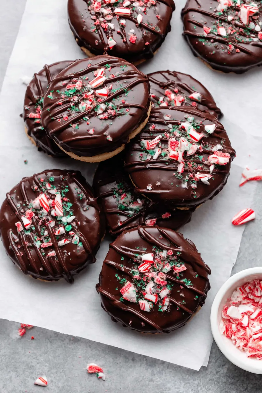 Festive platter of Ritz cracker mint cookies with crushed candy cane