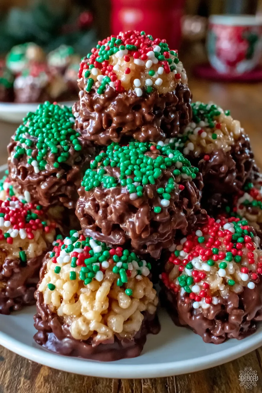 Rice Krispie balls dipped in chocolate with sprinkles