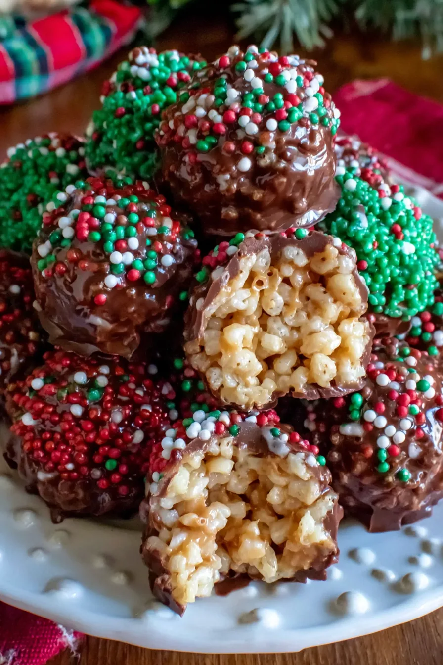 Close up of festive chocolate rice krispie balls with colorful sprinkles