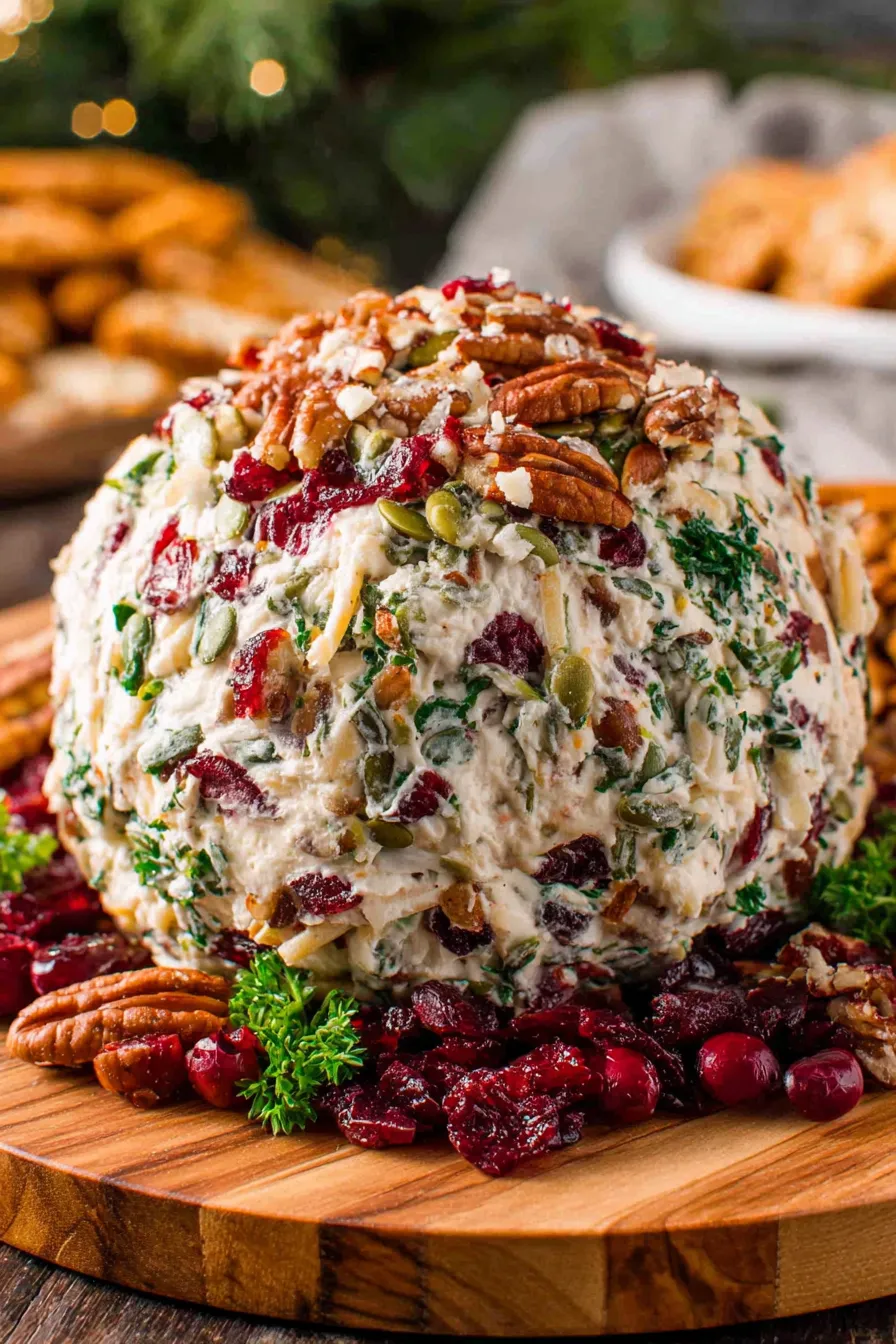 Cheese ball on a wooden board with garnishes