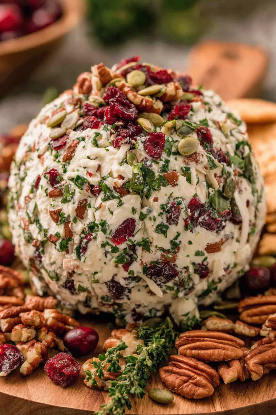 Close-up of cheese ball coated with nuts and cranberries