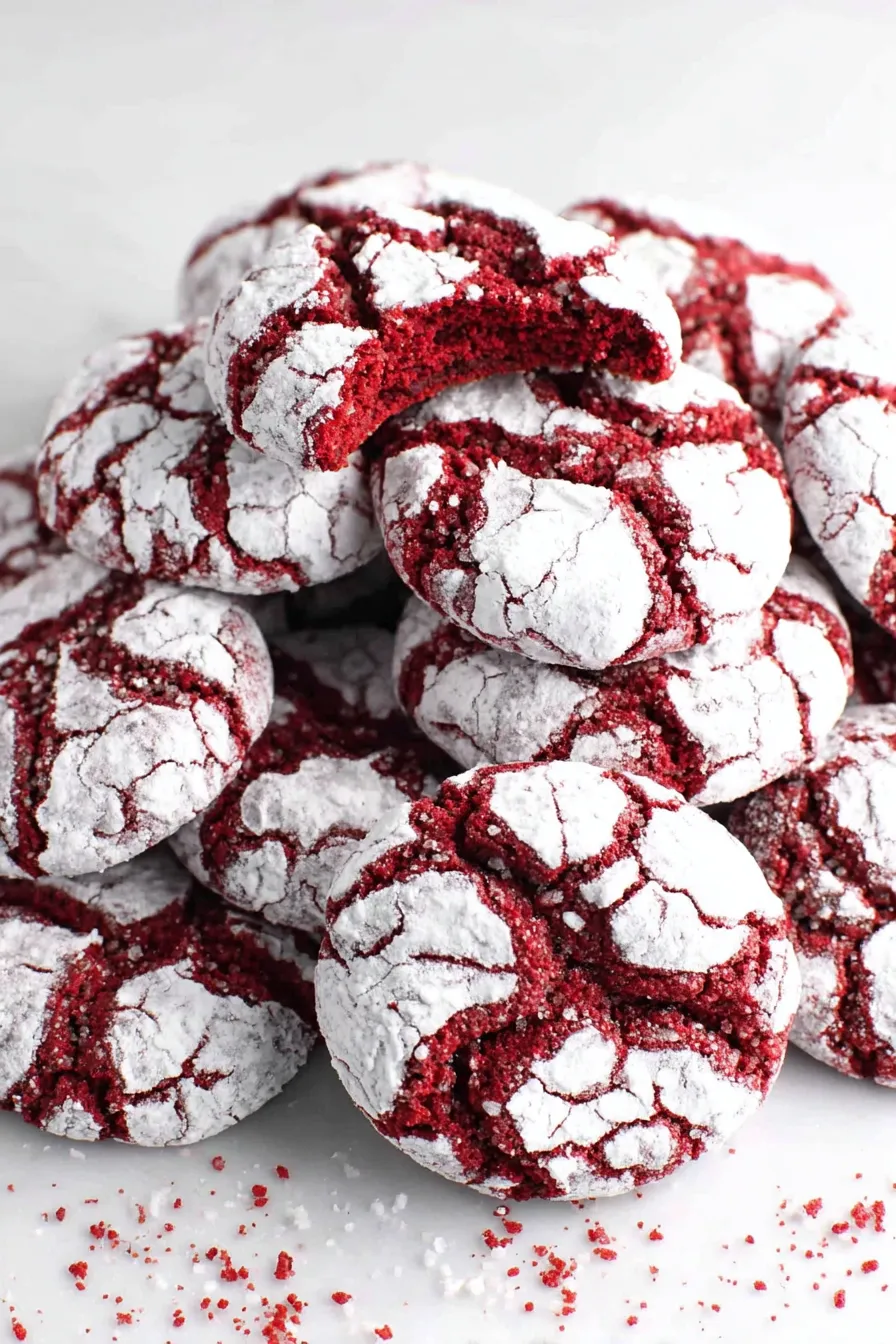 Baked red velvet crinkle cookies cooling on a wire rack