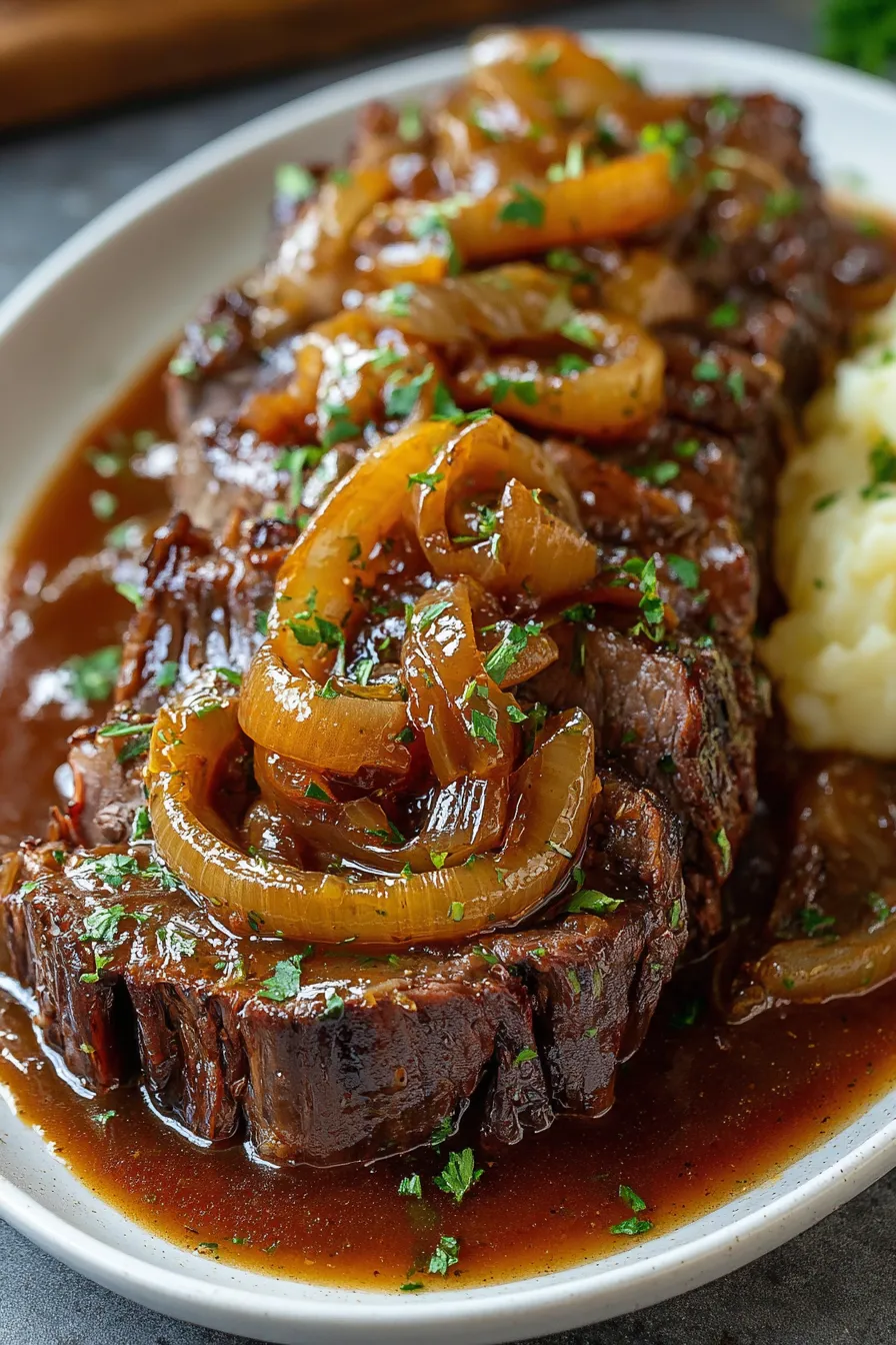 Slow cooker pot roast in rich French onion gravy