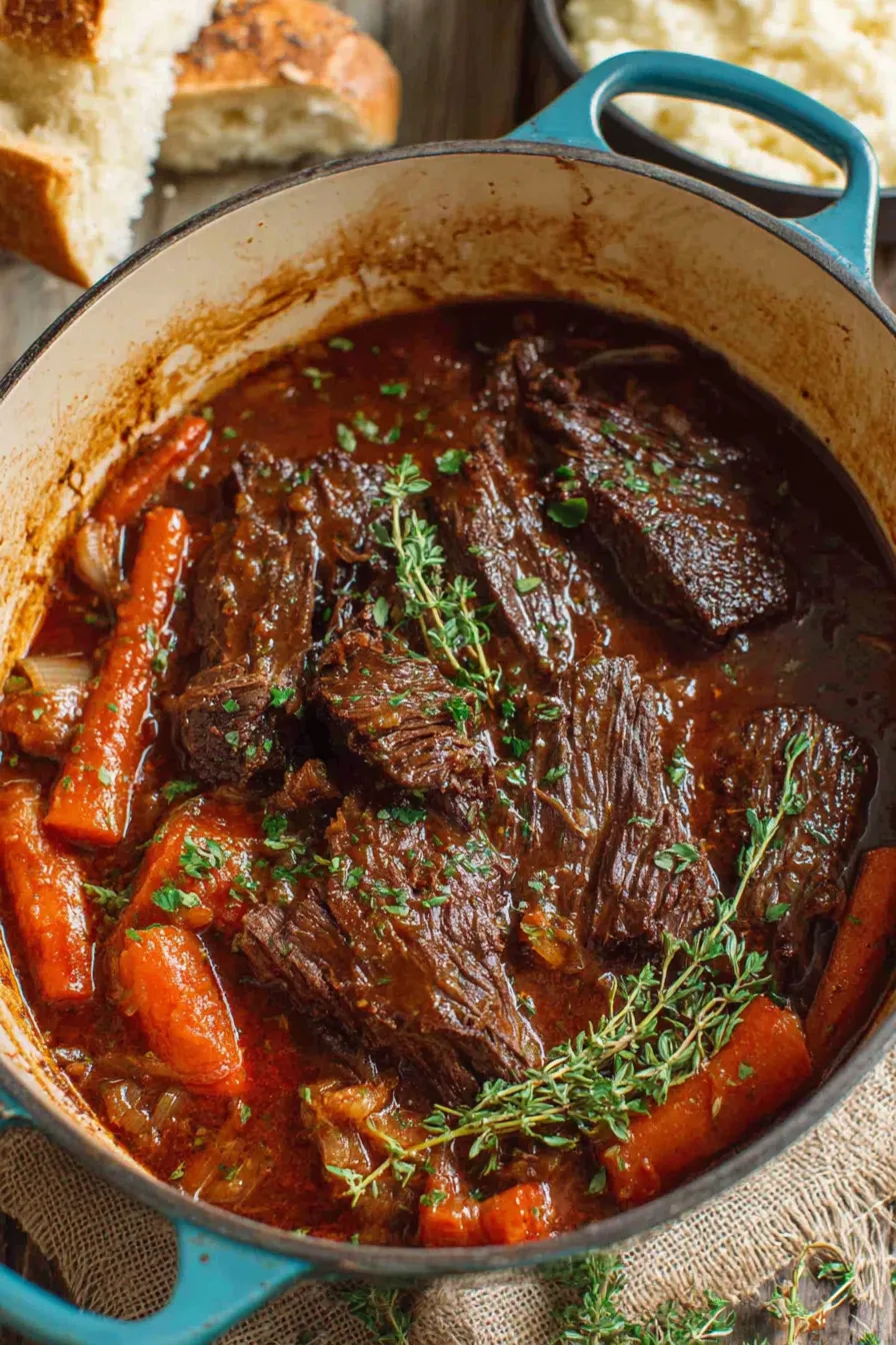 Pot roast served with carrots and herbs