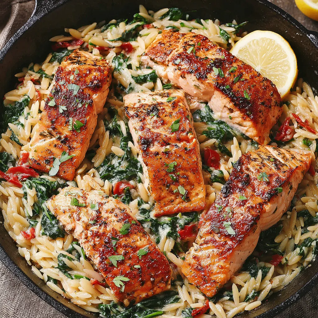 Pan-Seared Salmon with Creamy Spinach Orzo