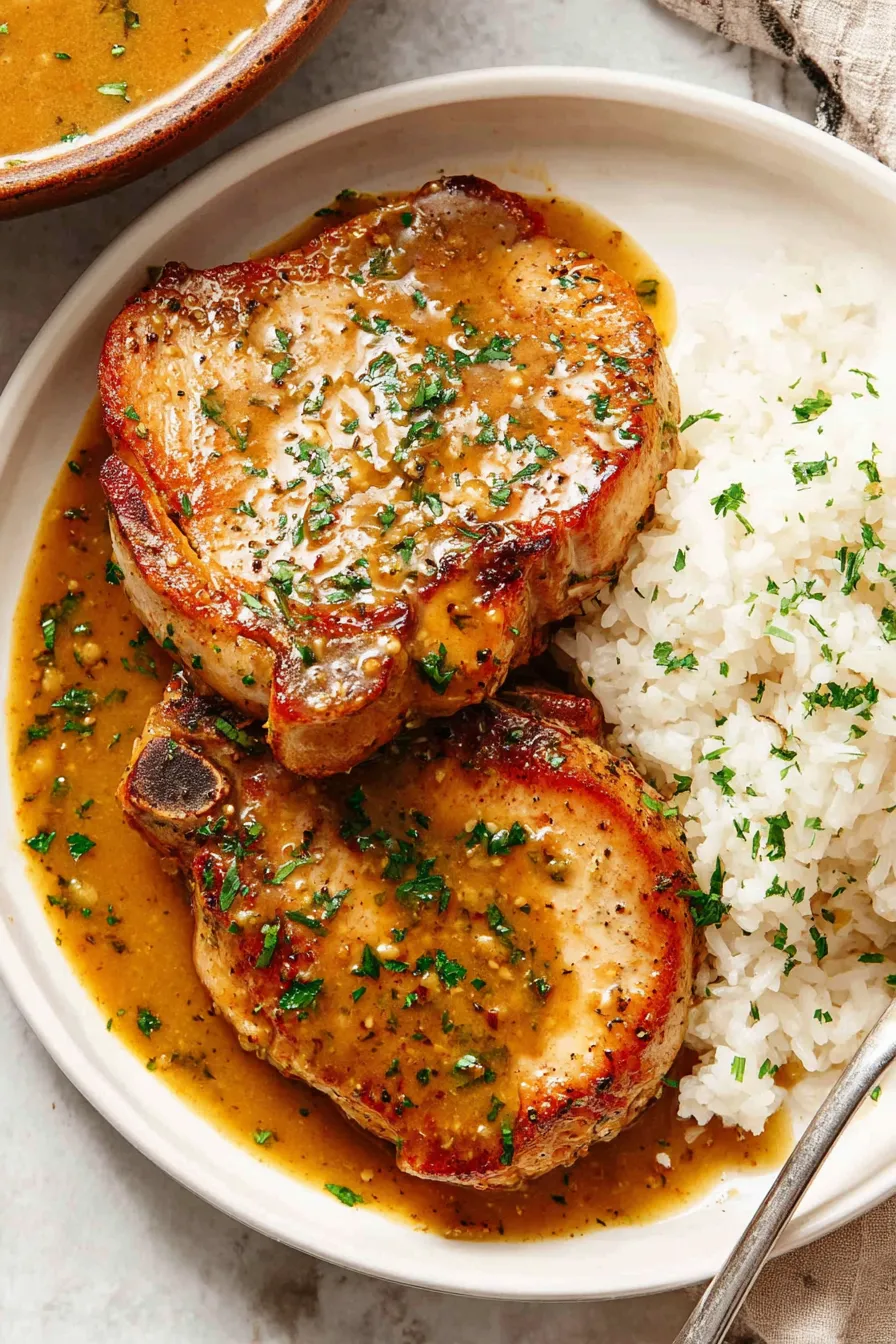 Pan-seared pork chops with honey mustard glaze